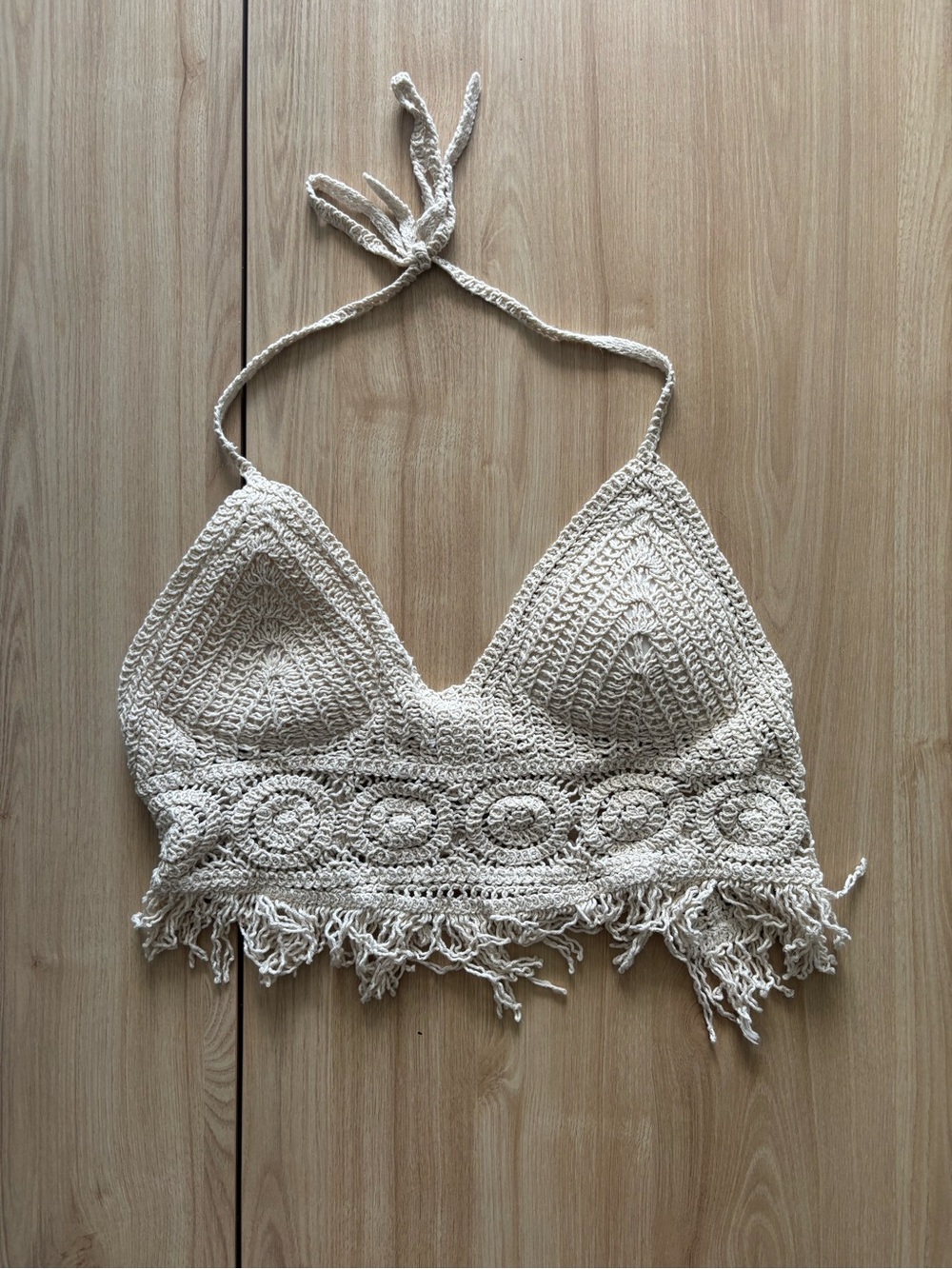SHEIN Cream Crochet Halter Crop Top with Fringe Size S